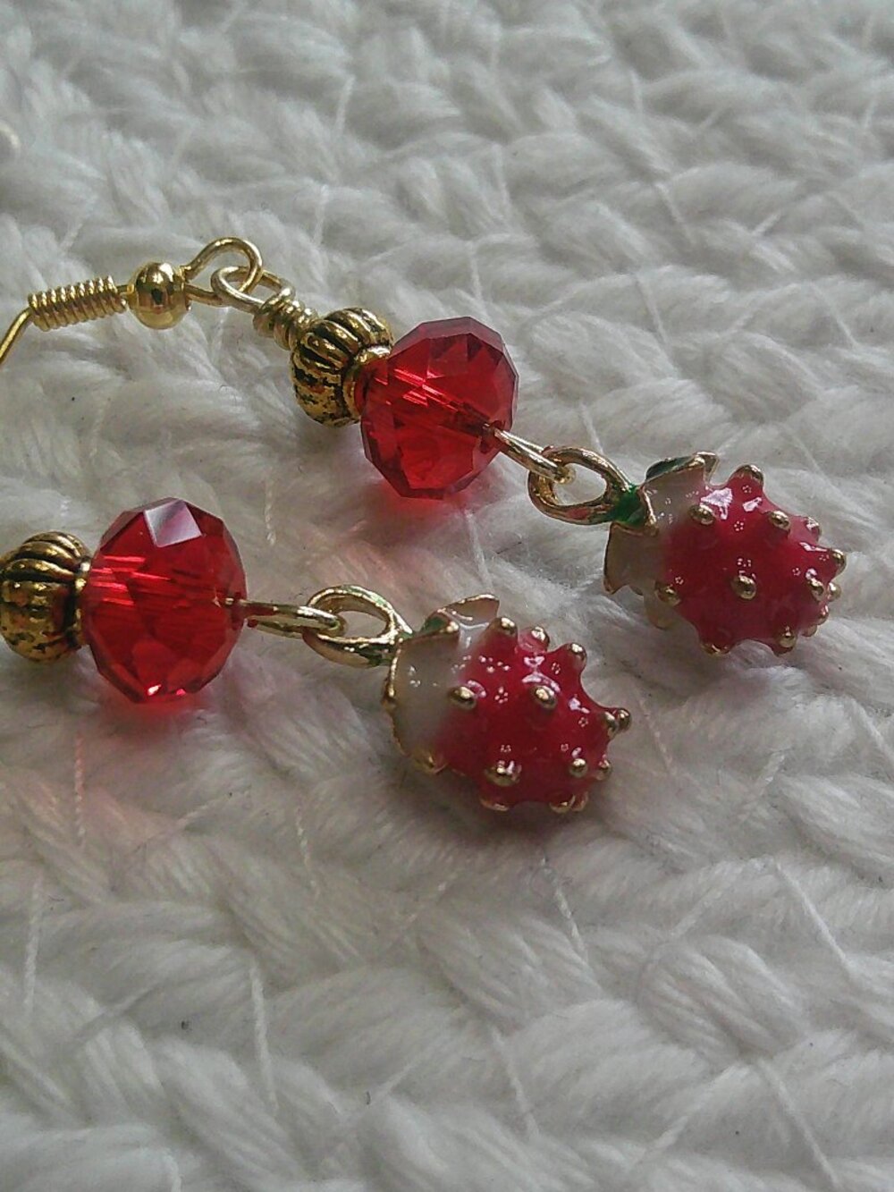 Whimsical STRAWBERRIES with CRYSTALS Handmade Gold Dangle Earrings #211F